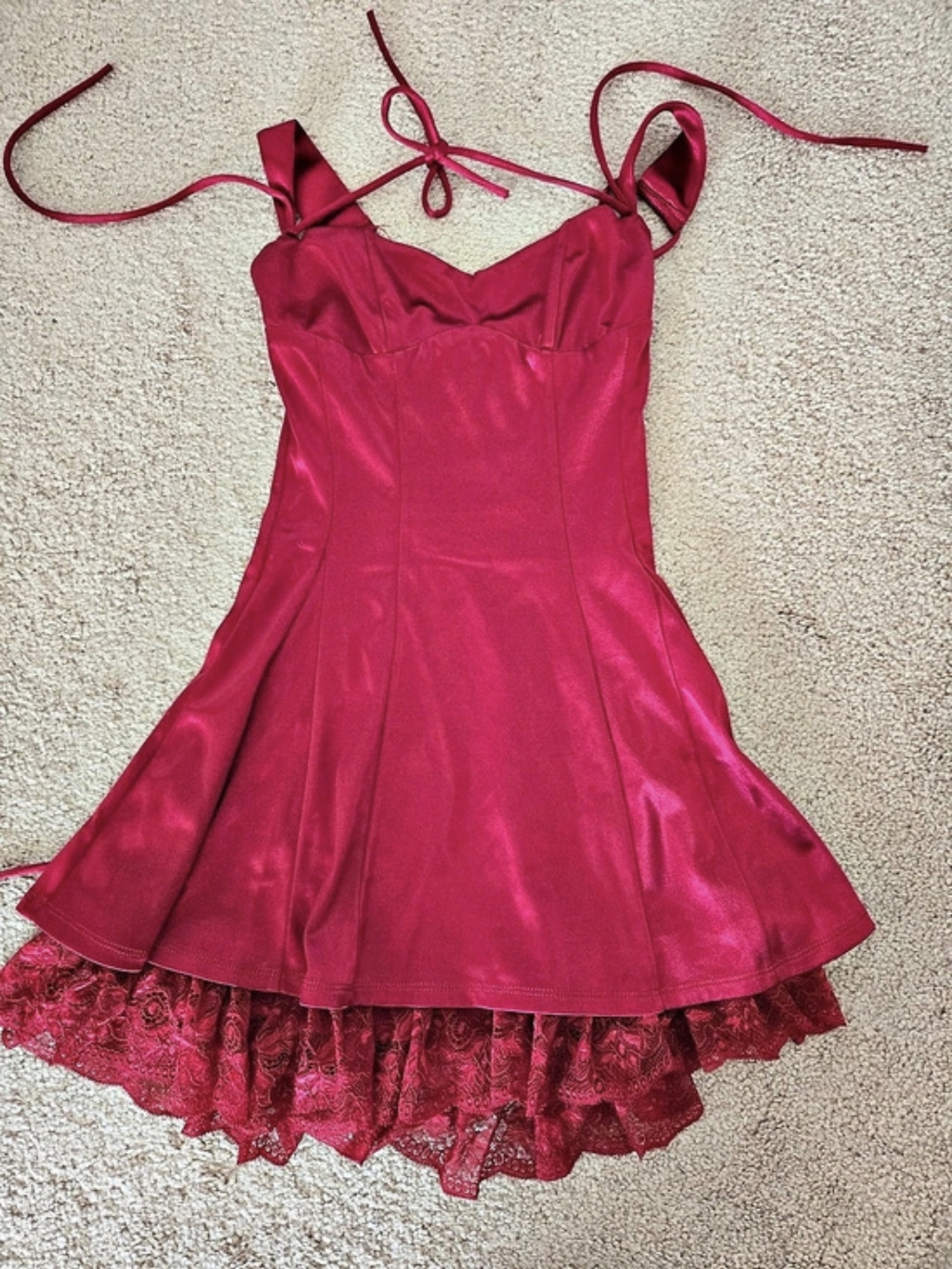 LUCKY IN THE SKY Lace Hem Mini Dress in Red